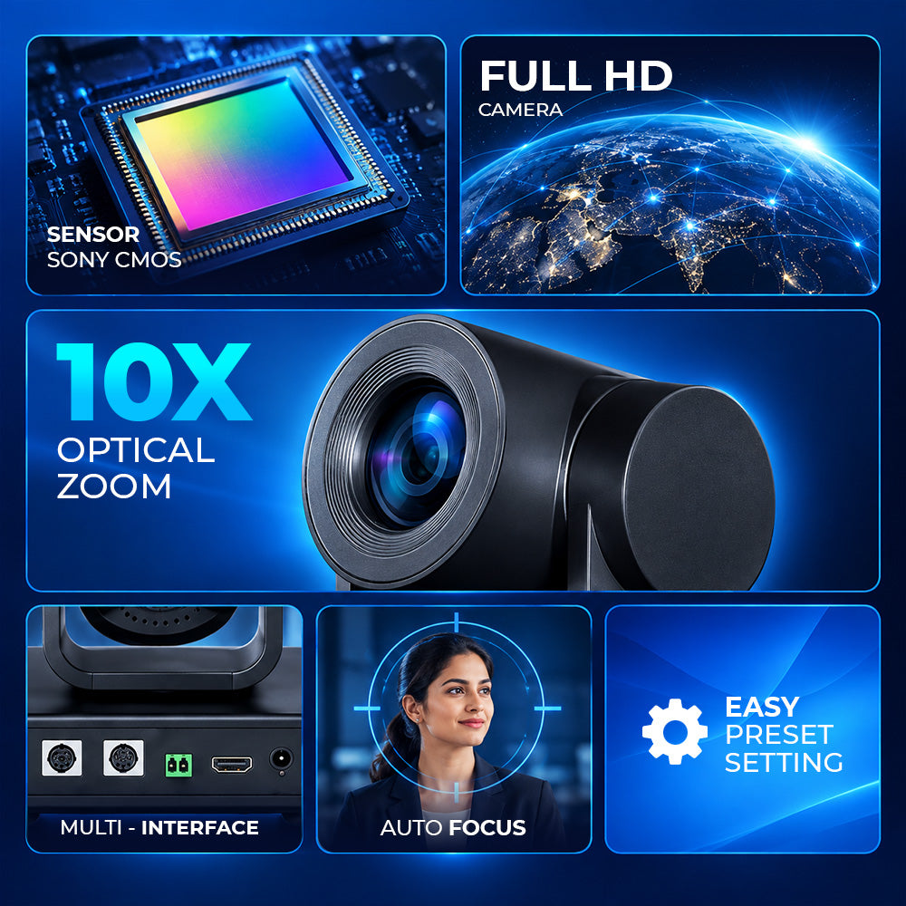 Smart Pixel PTZ Camera 10X Optical Zoom Full HD 1080P USB Conference Camera | Auto Focus, 2D/3D DNR, Pan Tilt Zoom, RS232/RS485, IR Remote for Meetings, Classroom & Telemedicine