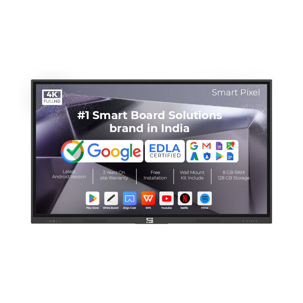 Smart Pixel 65 Inches All in One Interactive Smart Board 4K UHD Display and Dual Operating System Latest Android and Windows Version