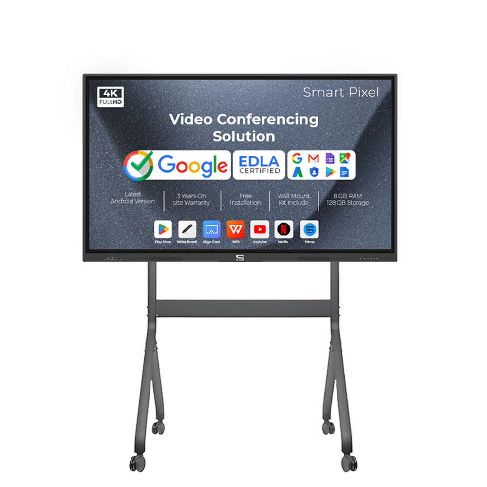 Smart Pixel 110 Inches All in One Interactive Smart Board 4K UHD Display and Dual Operating System Latest Android and Windows Version with Display Stand Heavy Duty Adjustment Floor TV Trolley with Bracket.