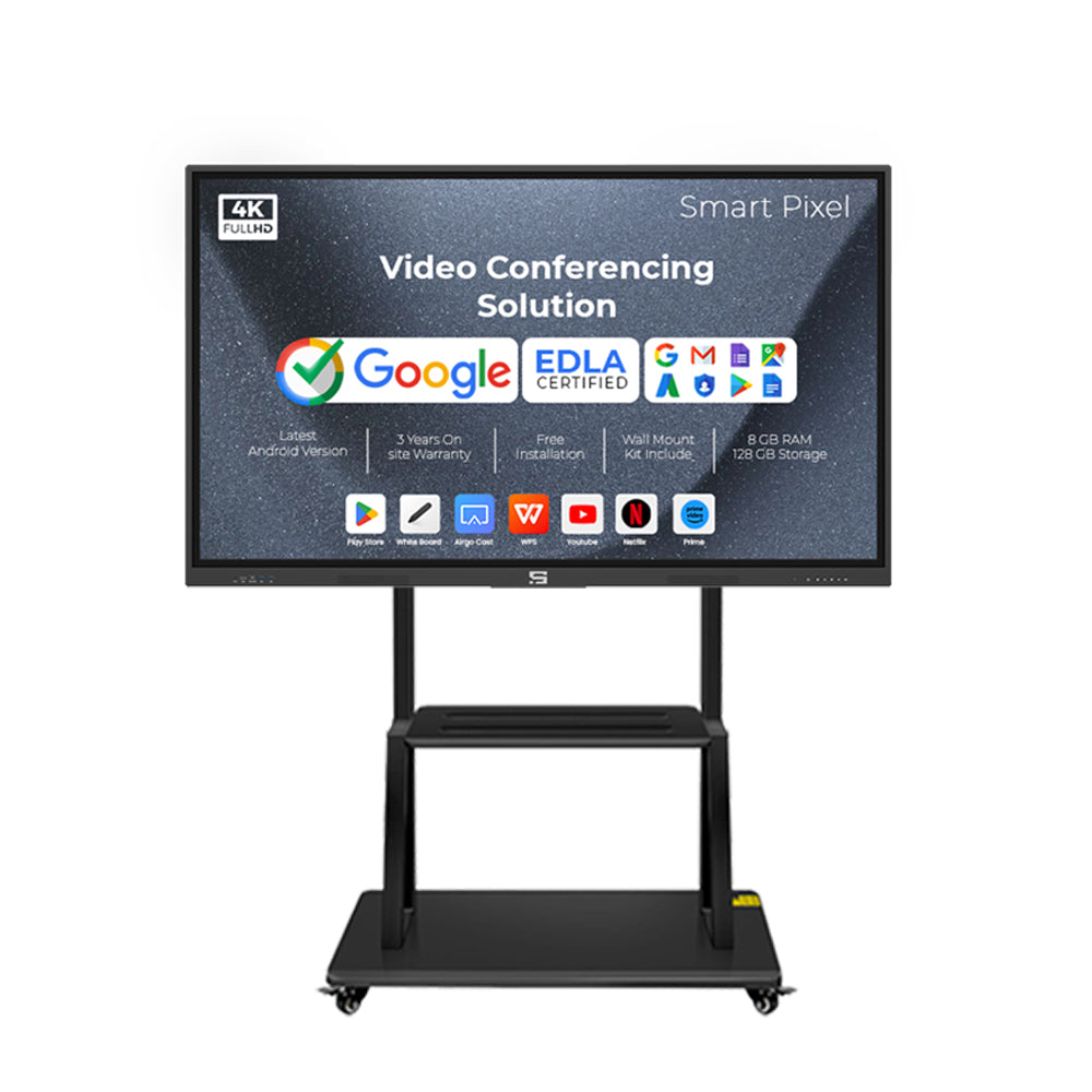 Smart Pixel 110 Inches All in One Interactive Smart Board 4K UHD Display and Dual Operating System Latest Android and Windows Version with Display Stand Heavy Duty Adjustment Floor TV Trolley with Bracket.