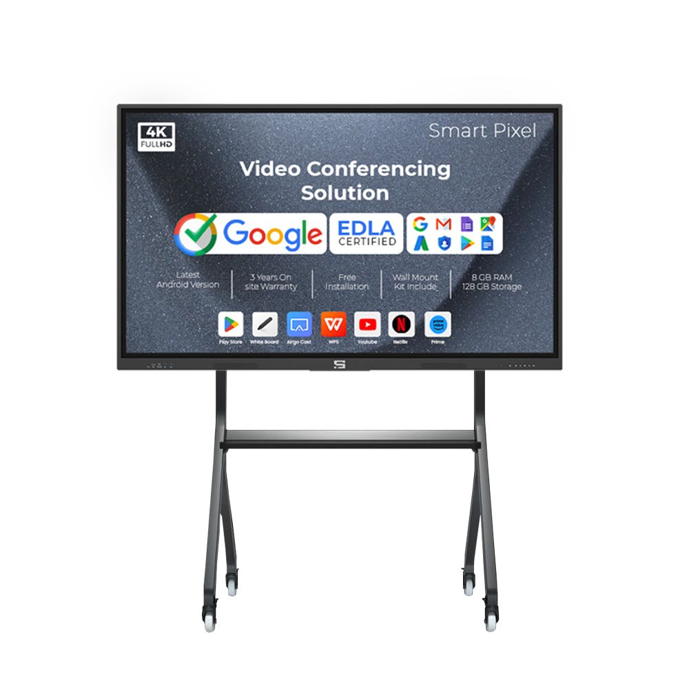 Smart Pixel 110 Inches All in One Interactive Smart Board 4K UHD Display and Dual Operating System Latest Android and Windows Version with Display Stand Heavy Duty Adjustment Floor TV Trolley with Bracket.