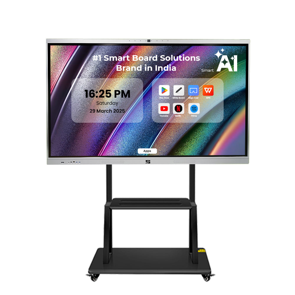 Smart Pixel 110 Inches All in One Interactive Smart Board 4K UHD Display and Dual Operating System Latest Android and Windows Version with Display Stand Heavy Duty Adjustment Floor TV Trolley with Bracket.