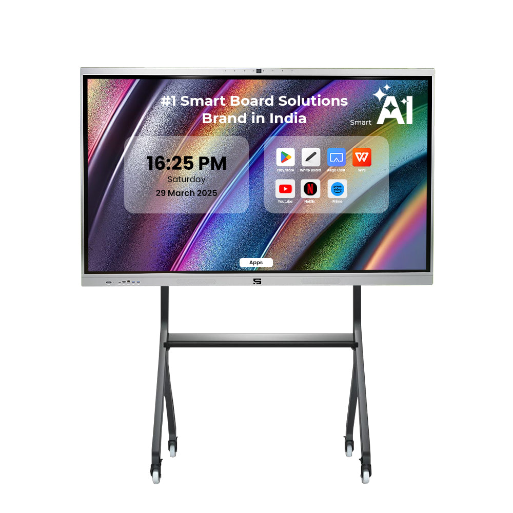 Smart Pixel 110 Inches All in One Interactive Smart Board 4K UHD Display and Dual Operating System Latest Android and Windows Version with Display Stand Heavy Duty Adjustment Floor TV Trolley with Bracket.