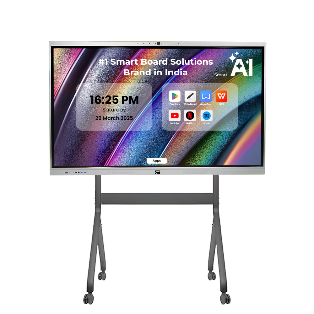 Smart Pixel 110 Inches All in One Interactive Smart Board 4K UHD Display and Dual Operating System Latest Android and Windows Version with Display Stand Heavy Duty Adjustment Floor TV Trolley with Bracket.