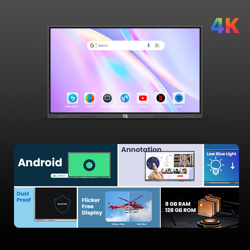 Smart Pixel 110 Inches All in One Interactive Smart Board 4K UHD Display and Dual Operating System Latest Android and Windows Version